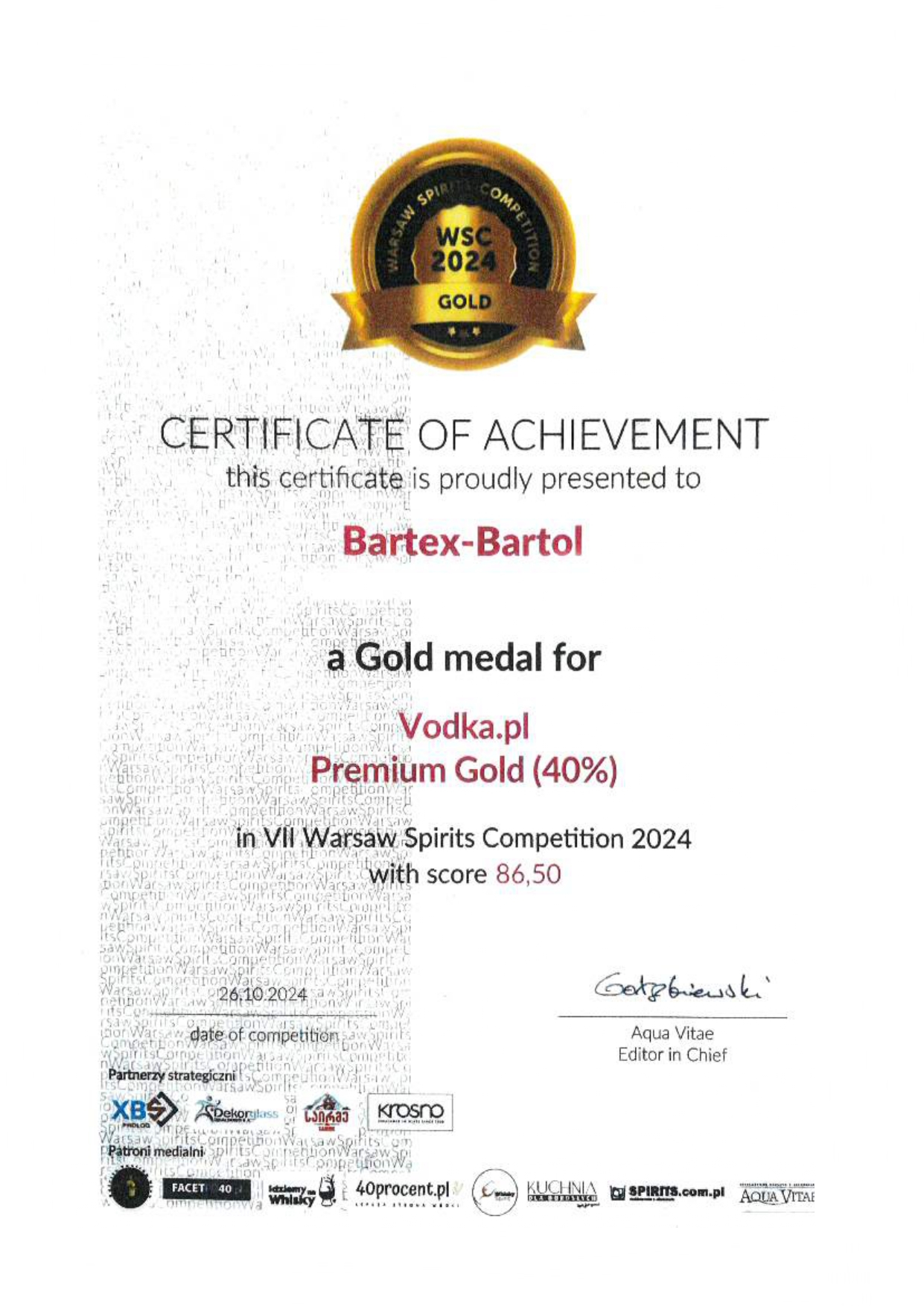 VODKA.PL Premium Gold WSC - GOLD MEDAL